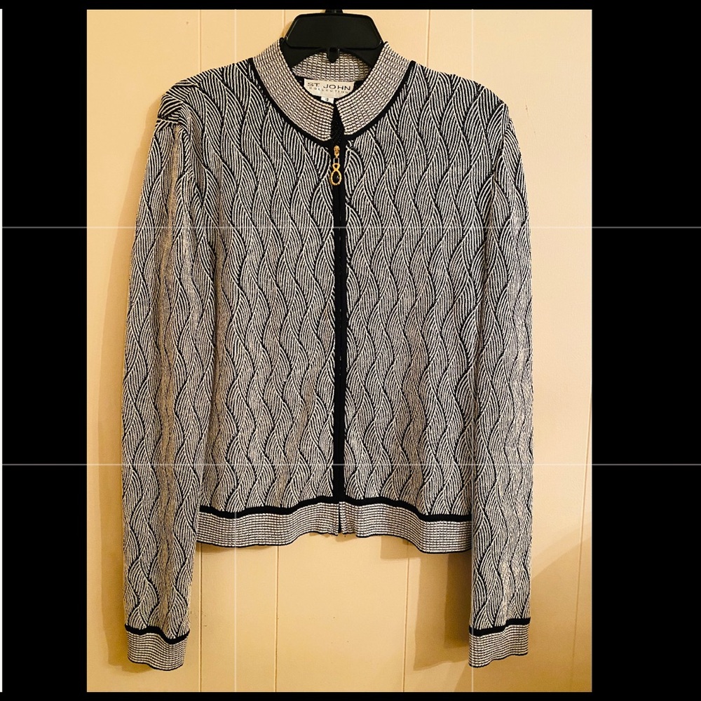 St. John Collection Knit Cardigan Zip Front Sweater Black & White M